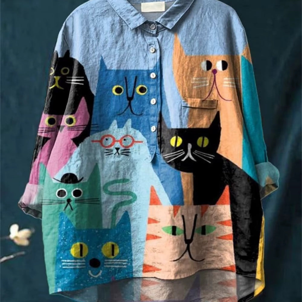 Rose | Blouse élégante femme à imprimé chat artistique
