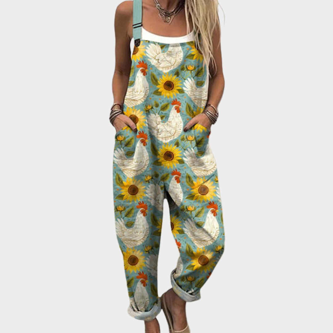 Salopette à tournesols et poules