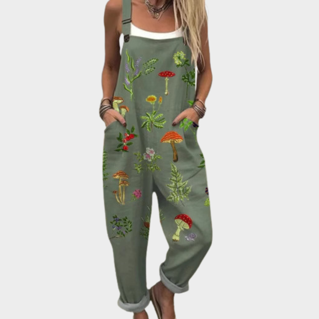 Salopette vert olive à motif champignon