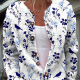 Kestrel | Cardigan blanc à fleurs et oiseaux bleu marine