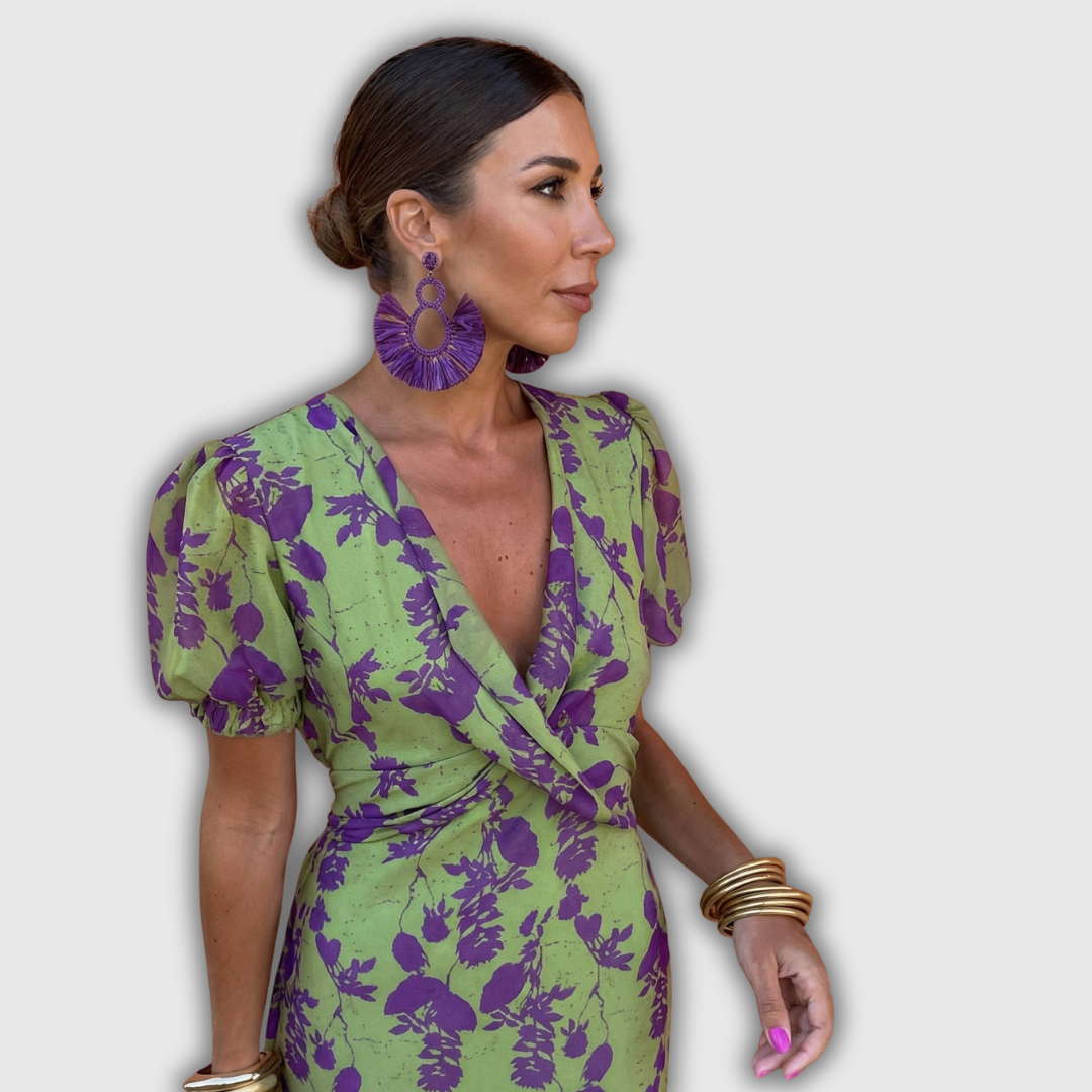 Vera | Robe midi portefeuille fleurie à manches bouffantes