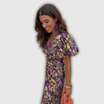 Vera | Robe midi portefeuille fleurie à manches bouffantes