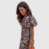 Vera | Robe midi portefeuille fleurie à manches bouffantes