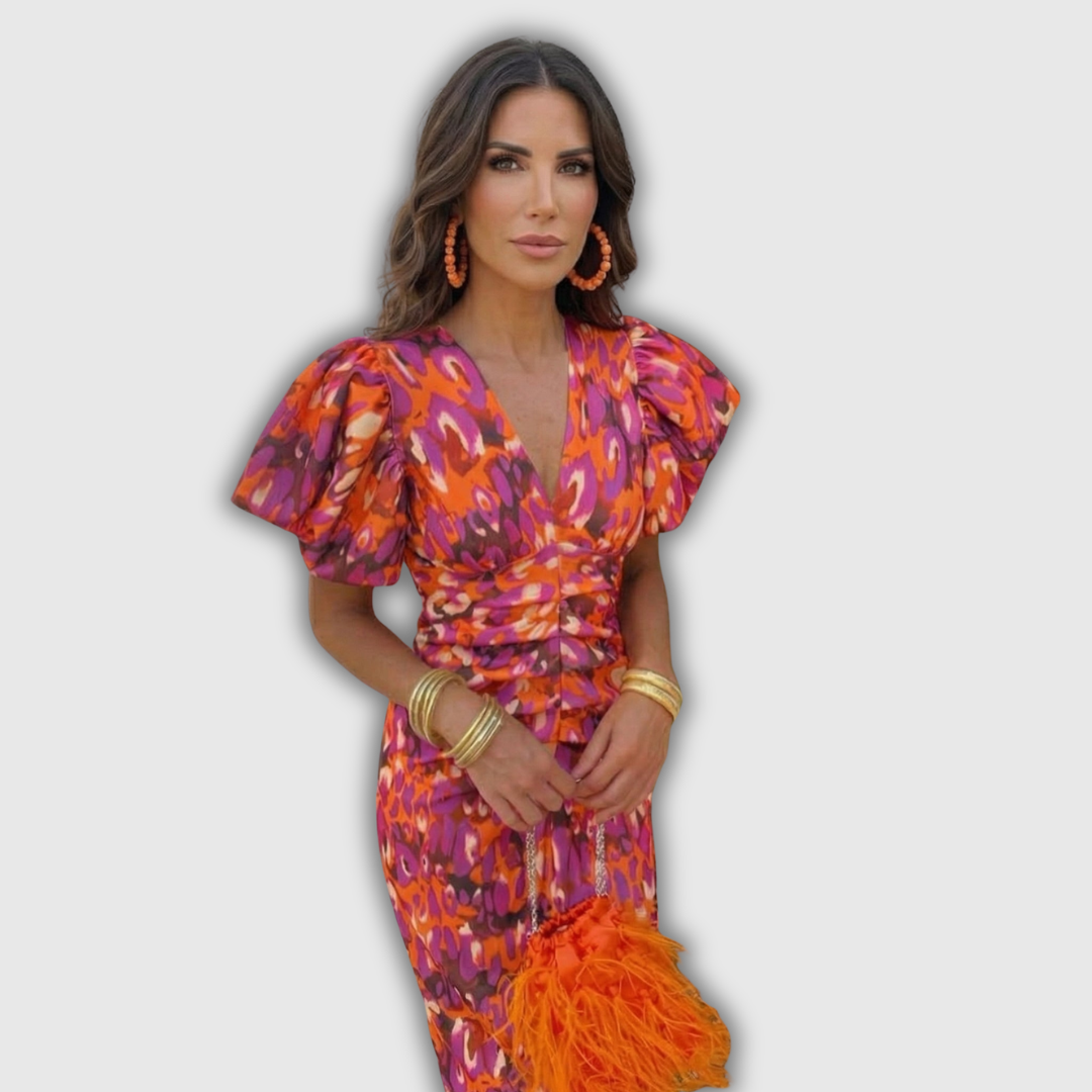 Vera | Robe midi portefeuille fleurie à manches bouffantes
