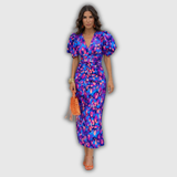 Vera | Robe midi portefeuille fleurie à manches bouffantes