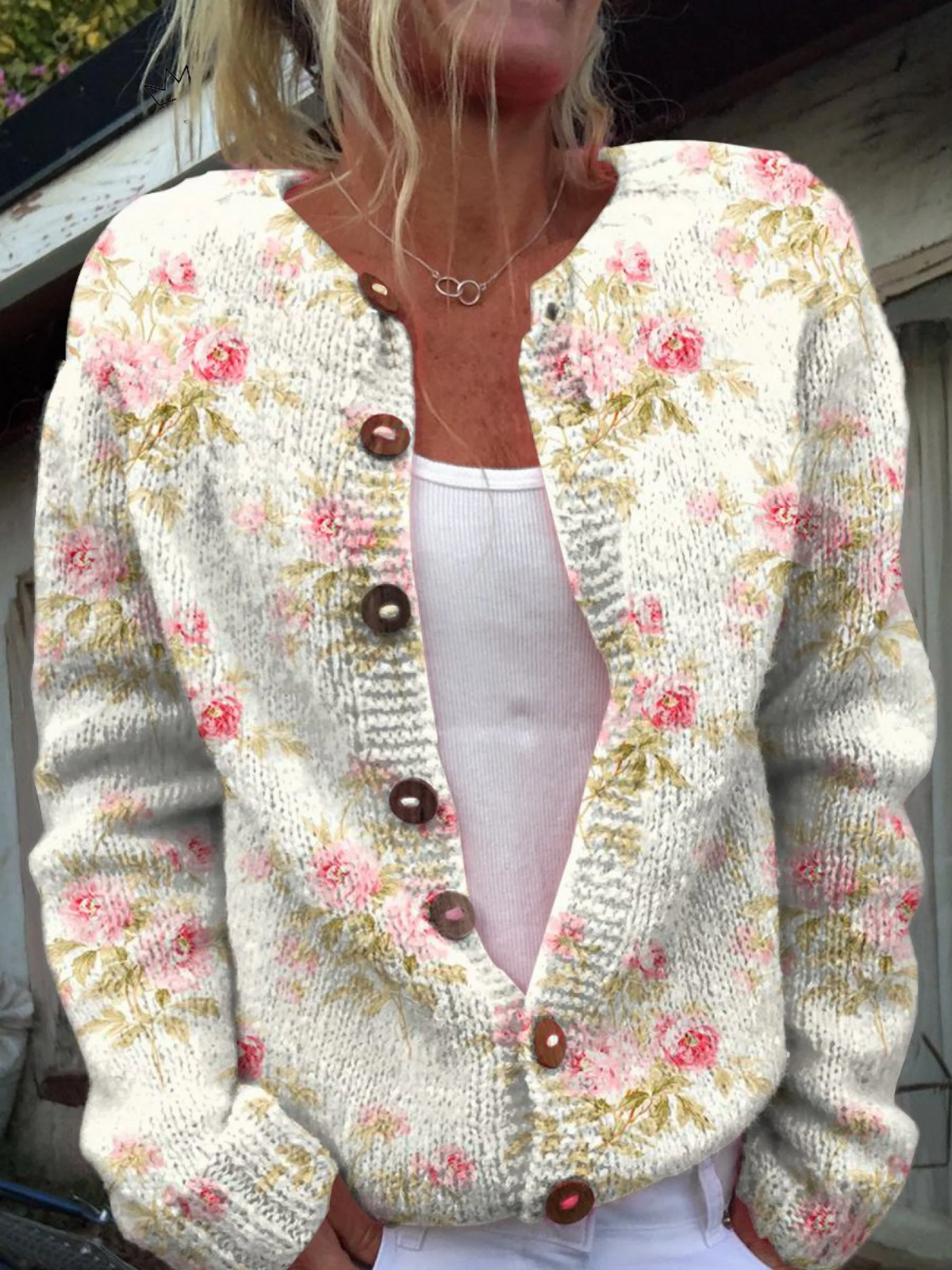 Sorcha | Cardigan crème à fleurs roses